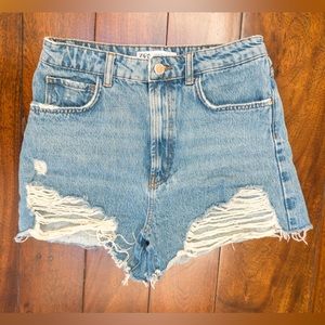 Zara High Rise Ripped Jean Shorts, Size 6, Medium Wash